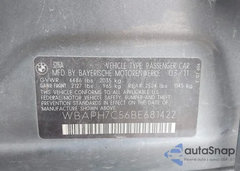 2011 BMW 328I z USA, uszkodzony, nr VIN WBAPH7C56BE681422